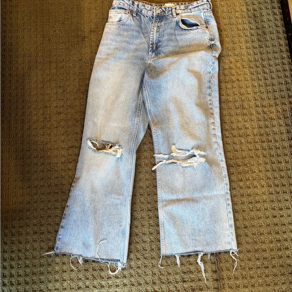 Zara Blue Flare Denim Jeans with Distressed Details
